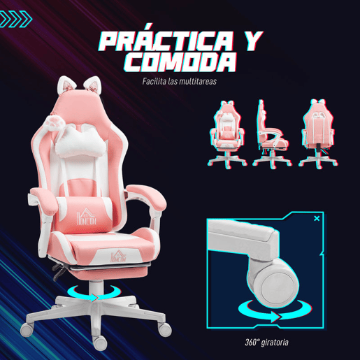 HOMCOM Cadeira Gaming com Orelhas Cadeira Gamer Reclinável com Altura Ajustável Apoio para os Pés Retrátil Suporte Lombar e Apoio para a Cabeça Desmontável Cadeira para Escritório 65x62x116-124 cm Rosa
