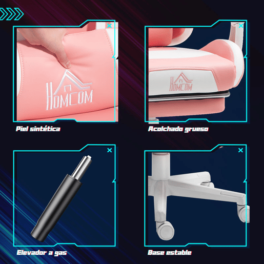 HOMCOM Cadeira Gaming com Orelhas Cadeira Gamer Reclinável com Altura Ajustável Apoio para os Pés Retrátil Suporte Lombar e Apoio para a Cabeça Desmontável Cadeira para Escritório 65x62x116-124 cm Rosa