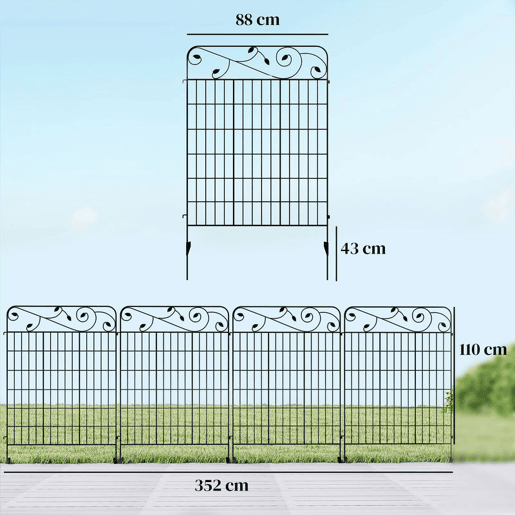 Outsunny Cercas de Jardim de 4 Painéis 88x110 cm Cercas de Jardim Metálicas Cercas Decorativas com Ângulo Ajustável para Pátio Terraço Preto