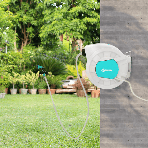 Outsunny Carretel de Mangueira Retrátil de Parede Carretel de Mangueira de Jardim de 25+2 m e Bloqueio de Retorno Automático Bocal com 7 Funções e Giro de 180° 55x20x42 cm Cinza Claro