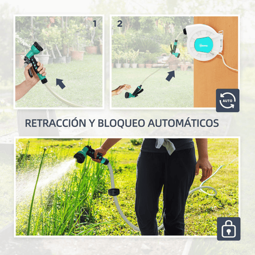 Outsunny Carretel de Mangueira Retrátil de Parede Carretel de Mangueira de Jardim de 25+2 m e Bloqueio de Retorno Automático Bocal com 7 Funções e Giro de 180° 55x20x42 cm Cinza Claro
