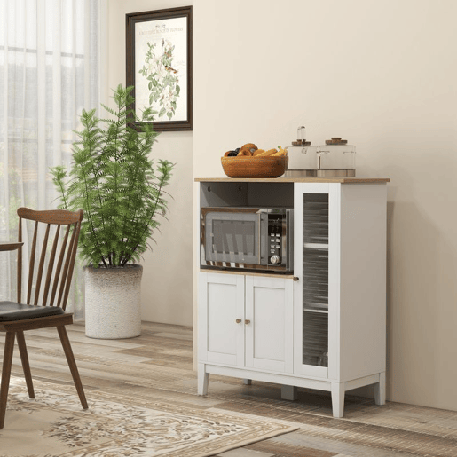 HOMCOM Móvel Auxiliar de Cozinha Moderno Móvel para Micro-Ondas Móvel de Cozinha com Prateleiras 3 Portas Compartimento Aberto Sistema Anti-Tombo para Sala de Jantar 80x35x97 cm Branco