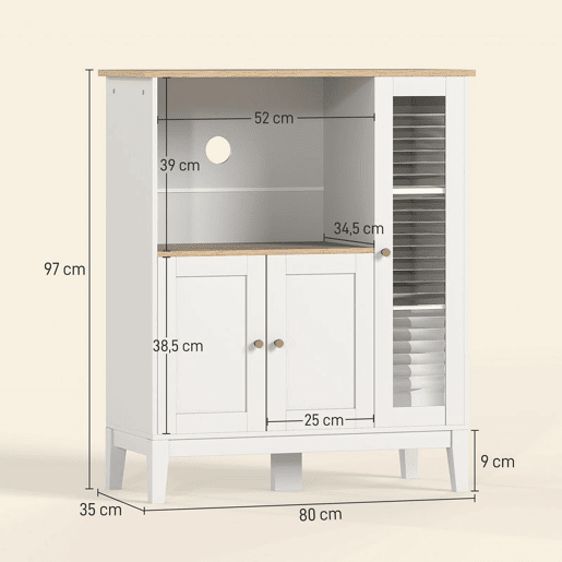 HOMCOM Móvel Auxiliar de Cozinha Moderno Móvel para Micro-Ondas Móvel de Cozinha com Prateleiras 3 Portas Compartimento Aberto Sistema Anti-Tombo para Sala de Jantar 80x35x97 cm Branco