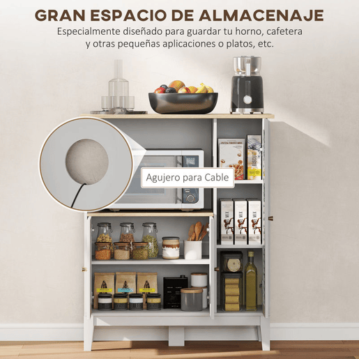HOMCOM Móvel Auxiliar de Cozinha Moderno Móvel para Micro-Ondas Móvel de Cozinha com Prateleiras 3 Portas Compartimento Aberto Sistema Anti-Tombo para Sala de Jantar 80x35x97 cm Branco