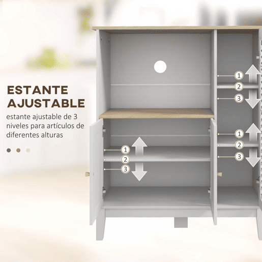 HOMCOM Móvel Auxiliar de Cozinha Moderno Móvel para Micro-Ondas Móvel de Cozinha com Prateleiras 3 Portas Compartimento Aberto Sistema Anti-Tombo para Sala de Jantar 80x35x97 cm Branco