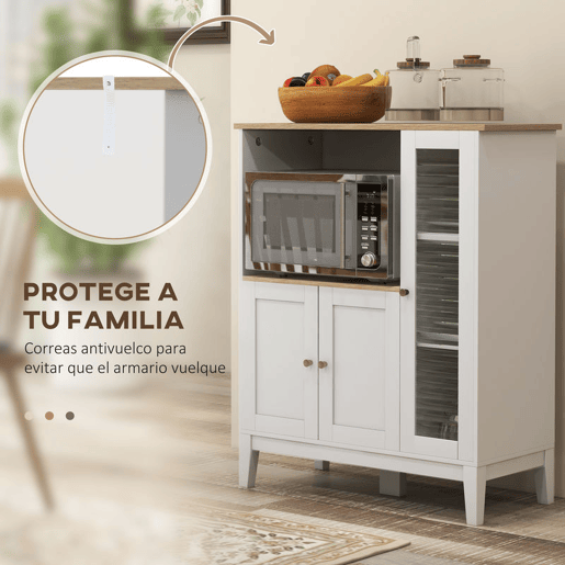 HOMCOM Móvel Auxiliar de Cozinha Moderno Móvel para Micro-Ondas Móvel de Cozinha com Prateleiras 3 Portas Compartimento Aberto Sistema Anti-Tombo para Sala de Jantar 80x35x97 cm Branco
