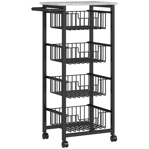 HOMCOM Carrinho de Cozinha, Carrinho Auxiliar com Rodas, 4 Cestos Deslizantes e Estrutura de Aço, Ideal para Sala de Jantar, 49,5x31x91 cm, Cinzento Claro