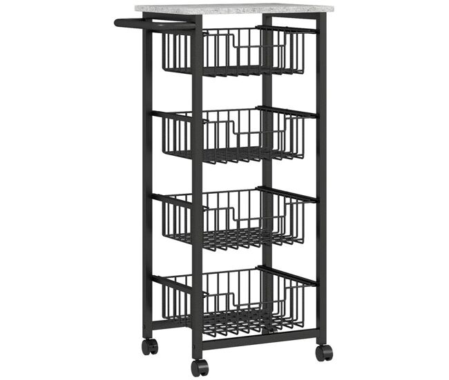 Homcom carrito de cocina, carrito verdulero para cocina con ruedas, 4 cestas deslizables y marco de acero, carrito auxiliar para comedor, 49,5x31x91 cm, gris claro