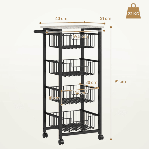 HOMCOM Carrinho de Cozinha, Carrinho Auxiliar com Rodas, 4 Cestos Deslizantes e Estrutura de Aço, Ideal para Sala de Jantar, 49,5x31x91 cm, Cinzento Claro