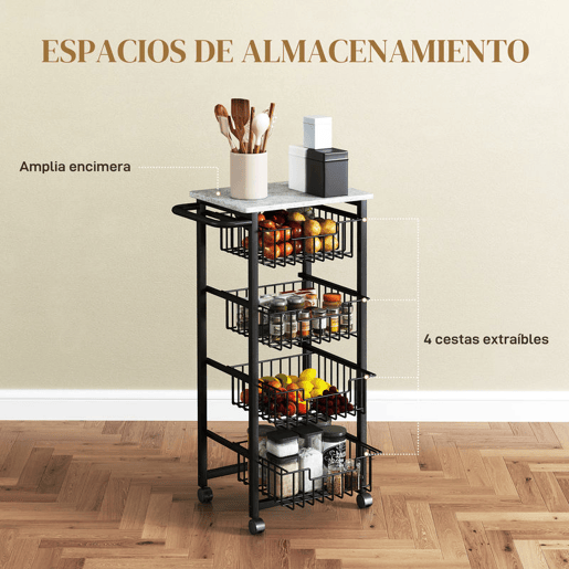 HOMCOM Carrinho de Cozinha, Carrinho Auxiliar com Rodas, 4 Cestos Deslizantes e Estrutura de Aço, Ideal para Sala de Jantar, 49,5x31x91 cm, Cinzento Claro