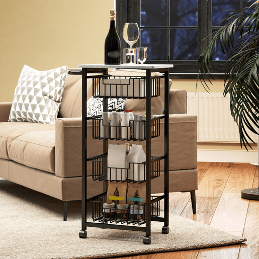 HOMCOM Carrinho de Cozinha, Carrinho Auxiliar com Rodas, 4 Cestos Deslizantes e Estrutura de Aço, Ideal para Sala de Jantar, 49,5x31x91 cm, Cinzento Claro