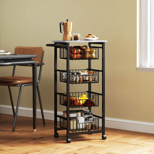 HOMCOM Carrinho de Cozinha, Carrinho Auxiliar com Rodas, 4 Cestos Deslizantes e Estrutura de Aço, Ideal para Sala de Jantar, 49,5x31x91 cm, Cinzento Claro