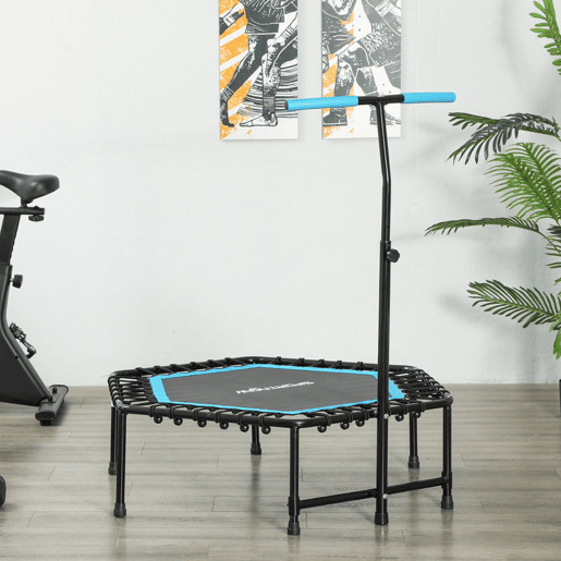 SPORTNOW Trampolim Fitness 114x114x132 cm Trampolim Fitness com Guiador Ajustável em 3 Níveis Estrutura de Aço para Treino de Perna Corpo em Casa Escritório Ginásio Azul