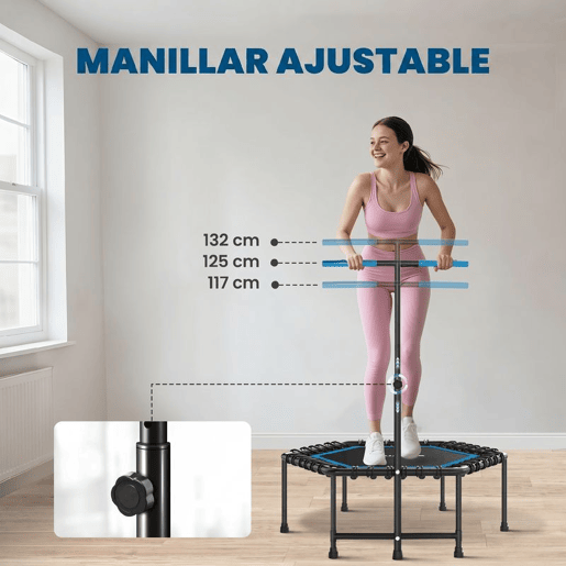 SPORTNOW Trampolim Fitness 114x114x132 cm Trampolim Fitness com Guiador Ajustável em 3 Níveis Estrutura de Aço para Treino de Perna Corpo em Casa Escritório Ginásio Azul