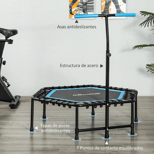 SPORTNOW Trampolim Fitness 114x114x132 cm Trampolim Fitness com Guiador Ajustável em 3 Níveis Estrutura de Aço para Treino de Perna Corpo em Casa Escritório Ginásio Azul