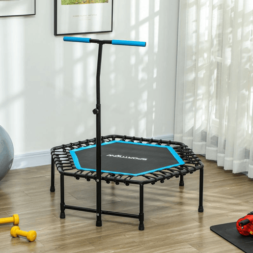 SPORTNOW Trampolim Fitness 114x114x132 cm Trampolim Fitness com Guiador Ajustável em 3 Níveis Estrutura de Aço para Treino de Perna Corpo em Casa Escritório Ginásio Azul