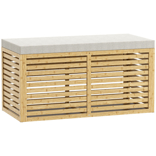 HOMCOM Baú de Arrumação para Dormitório 122L Banco de Arrumação Estofado em Linho Sintético com Almofada Estrutura de Bambu para Entrada Sala 90x42x43 cm Cinza e Madeira