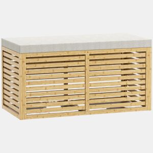 HOMCOM Baú de Arrumação para Dormitório 122L Banco de Arrumação Estofado em Linho Sintético com Almofada Estrutura de Bambu para Entrada Sala 90x42x43 cm Cinza e Madeira