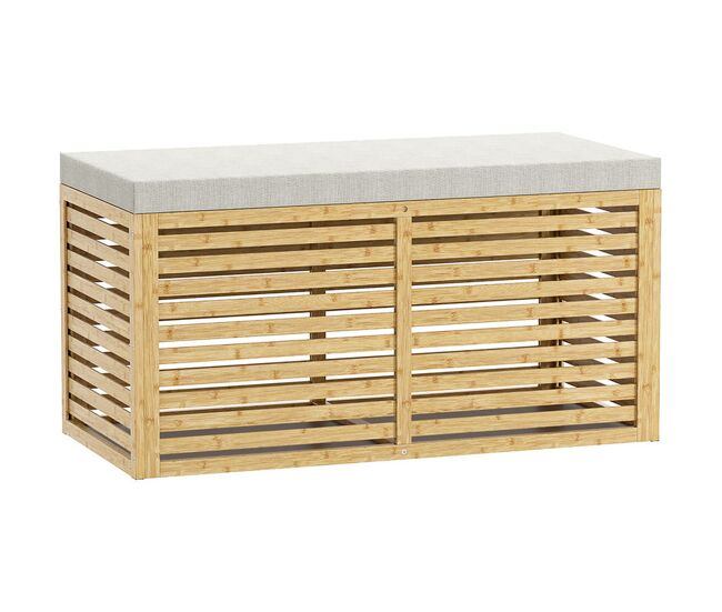 Homcom baúl de almacenaje para dormitorio 122l taburete de almacenaje tapizado en lino sintético con cojín marco de bambú para entrada salón 90x42x43 cm gris y natural