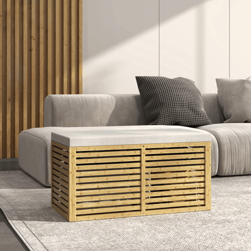 HOMCOM Baú de Arrumação para Dormitório 122L Banco de Arrumação Estofado em Linho Sintético com Almofada Estrutura de Bambu para Entrada Sala 90x42x43 cm Cinza e Madeira