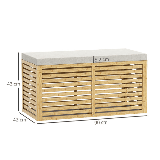 HOMCOM Baú de Arrumação para Dormitório 122L Banco de Arrumação Estofado em Linho Sintético com Almofada Estrutura de Bambu para Entrada Sala 90x42x43 cm Cinza e Madeira