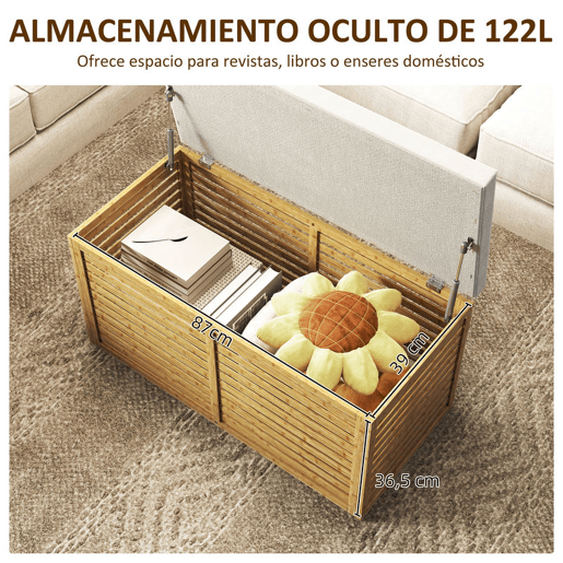 HOMCOM Baú de Arrumação para Dormitório 122L Banco de Arrumação Estofado em Linho Sintético com Almofada Estrutura de Bambu para Entrada Sala 90x42x43 cm Cinza e Madeira
