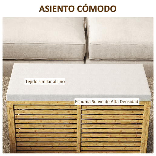 HOMCOM Baú de Arrumação para Dormitório 122L Banco de Arrumação Estofado em Linho Sintético com Almofada Estrutura de Bambu para Entrada Sala 90x42x43 cm Cinza e Madeira