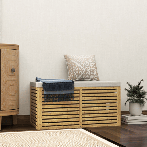 HOMCOM Baú de Arrumação para Dormitório 122L Banco de Arrumação Estofado em Linho Sintético com Almofada Estrutura de Bambu para Entrada Sala 90x42x43 cm Cinza e Madeira
