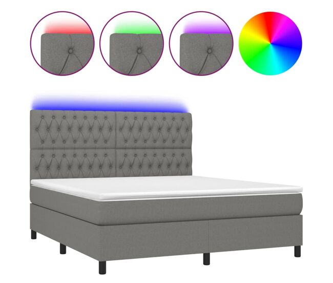 Cama box spring colchón y luces led tela gris oscuro 180x200 cm diseño de botones