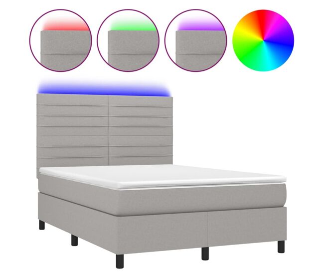 Cama box spring colchón y luces led tela gris claro 140x200 cm rayas horizontales