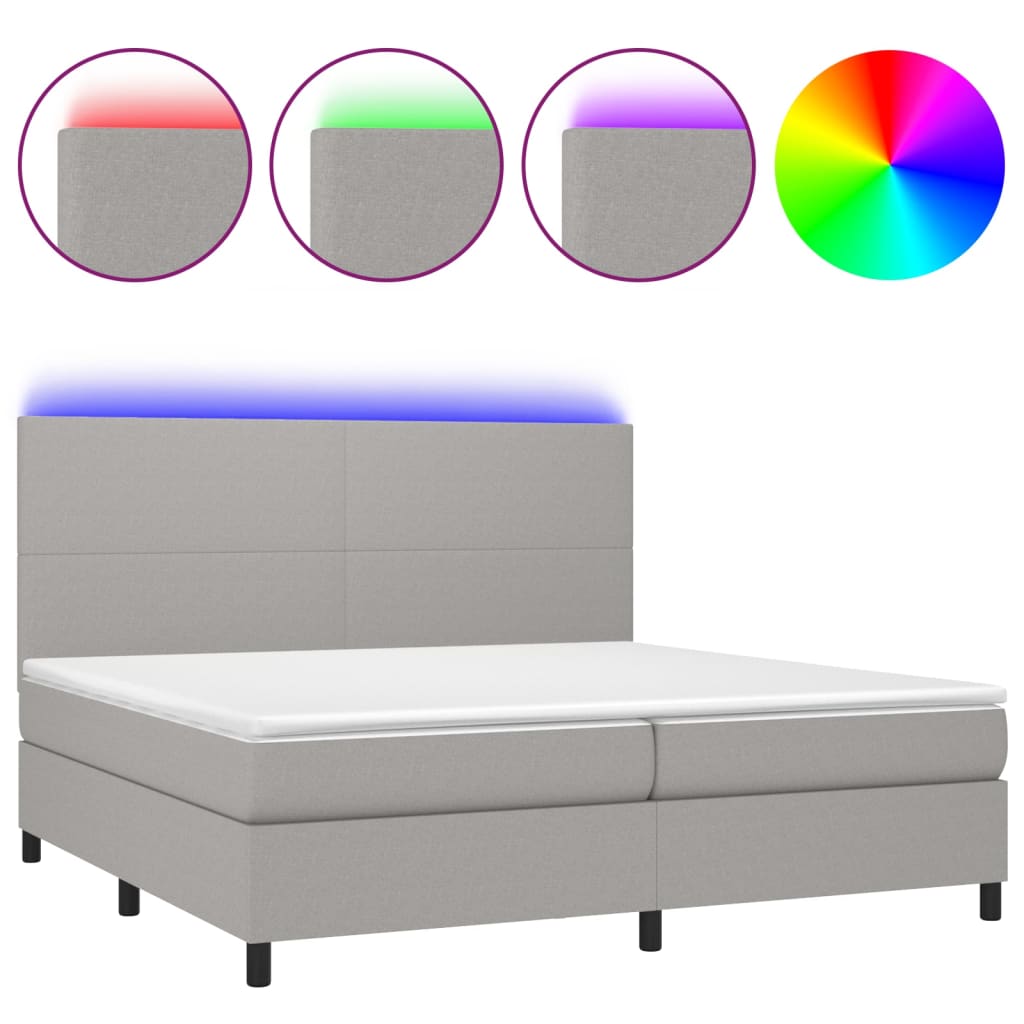 Cama box spring con colchón tela y led gris claro 200x200 cm diseño plano