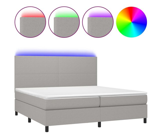 Cama box spring con colchón tela y led gris claro 200x200 cm diseño plano