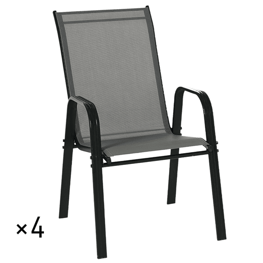 Outsunny Conjunto de 4 Cadeiras de Jardim Exterior Empilháveis para Terraço com Tecido Respirável, Estrutura de Metal, Apoios de Braços e Encosto 54x75,5x95 cm, Cinzento Escuro