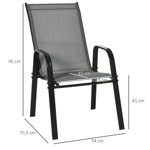Outsunny Conjunto de 4 Cadeiras de Jardim Exterior Empilháveis para Terraço com Tecido Respirável, Estrutura de Metal, Apoios de Braços e Encosto 54x75,5x95 cm, Cinzento Escuro