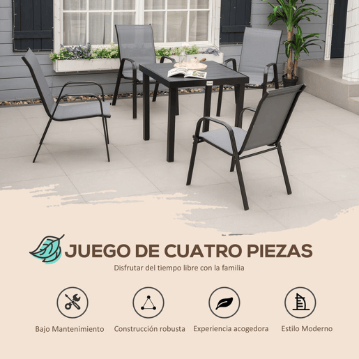 Outsunny Conjunto de 4 Cadeiras de Jardim Exterior Empilháveis para Terraço com Tecido Respirável, Estrutura de Metal, Apoios de Braços e Encosto 54x75,5x95 cm, Cinzento Escuro