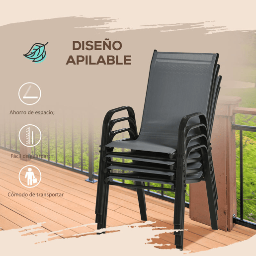Outsunny Conjunto de 4 Cadeiras de Jardim Exterior Empilháveis para Terraço com Tecido Respirável, Estrutura de Metal, Apoios de Braços e Encosto 54x75,5x95 cm, Cinzento Escuro