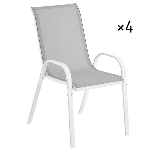 Outsunny Conjunto de 4 Cadeiras de Jardim Cadeiras de Exterior Empilháveis Cadeiras de Jardim com Tecido Respirável Estrutura de Aço Apoio para os Braços e Encosto 54x71x93 cm Cinza e Branco