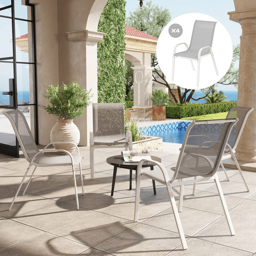 Outsunny Conjunto de 4 Cadeiras de Jardim Cadeiras de Exterior Empilháveis Cadeiras de Jardim com Tecido Respirável Estrutura de Aço Apoio para os Braços e Encosto 54x71x93 cm Cinza e Branco