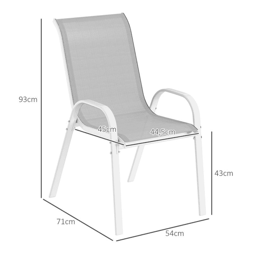 Outsunny Conjunto de 4 Cadeiras de Jardim Cadeiras de Exterior Empilháveis Cadeiras de Jardim com Tecido Respirável Estrutura de Aço Apoio para os Braços e Encosto 54x71x93 cm Cinza e Branco