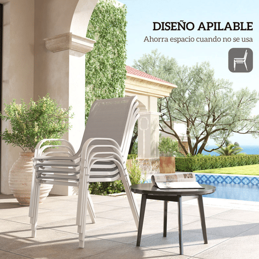 Outsunny Conjunto de 4 Cadeiras de Jardim Cadeiras de Exterior Empilháveis Cadeiras de Jardim com Tecido Respirável Estrutura de Aço Apoio para os Braços e Encosto 54x71x93 cm Cinza e Branco
