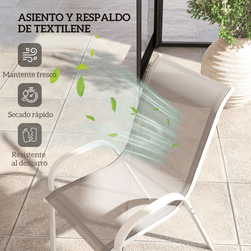 Outsunny Conjunto de 4 Cadeiras de Jardim Cadeiras de Exterior Empilháveis Cadeiras de Jardim com Tecido Respirável Estrutura de Aço Apoio para os Braços e Encosto 54x71x93 cm Cinza e Branco