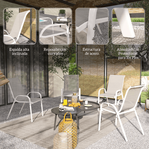 Outsunny Conjunto de 4 Cadeiras de Jardim Cadeiras de Exterior Empilháveis Cadeiras de Jardim com Tecido Respirável Estrutura de Aço Apoio para os Braços e Encosto 54x71x93 cm Cinza e Branco