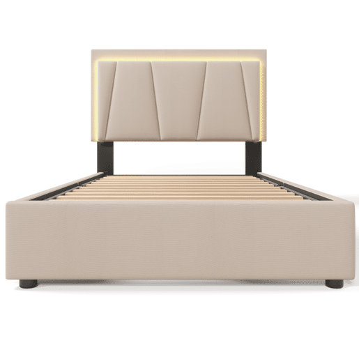 Cama estofada 90x200cm em linho - com 2 gavetas + LED + estrado - Bege