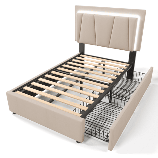 Cama estofada 90x200cm em linho - com 2 gavetas + LED + estrado - Bege