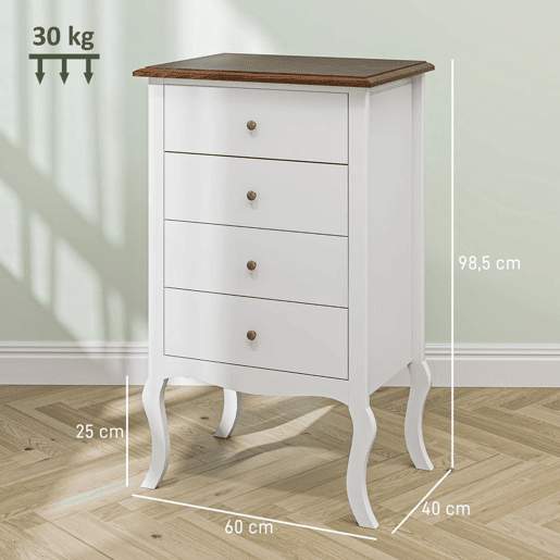 HOMCOM Cómoda com 4 Gavetas Cómoda para Dormitório Estilo Francês com Sistema Anti-Tombo Cómoda para Sala de Estar 60x40x98,5 cm Branco e Madeira