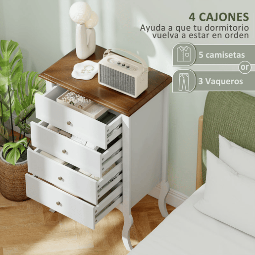 HOMCOM Cómoda com 4 Gavetas Cómoda para Dormitório Estilo Francês com Sistema Anti-Tombo Cómoda para Sala de Estar 60x40x98,5 cm Branco e Madeira