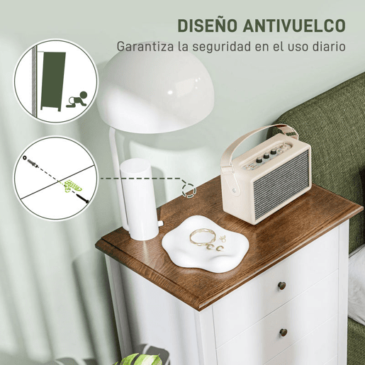 HOMCOM Cómoda com 4 Gavetas Cómoda para Dormitório Estilo Francês com Sistema Anti-Tombo Cómoda para Sala de Estar 60x40x98,5 cm Branco e Madeira