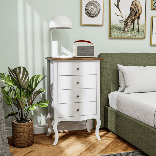 HOMCOM Cómoda com 4 Gavetas Cómoda para Dormitório Estilo Francês com Sistema Anti-Tombo Cómoda para Sala de Estar 60x40x98,5 cm Branco e Madeira