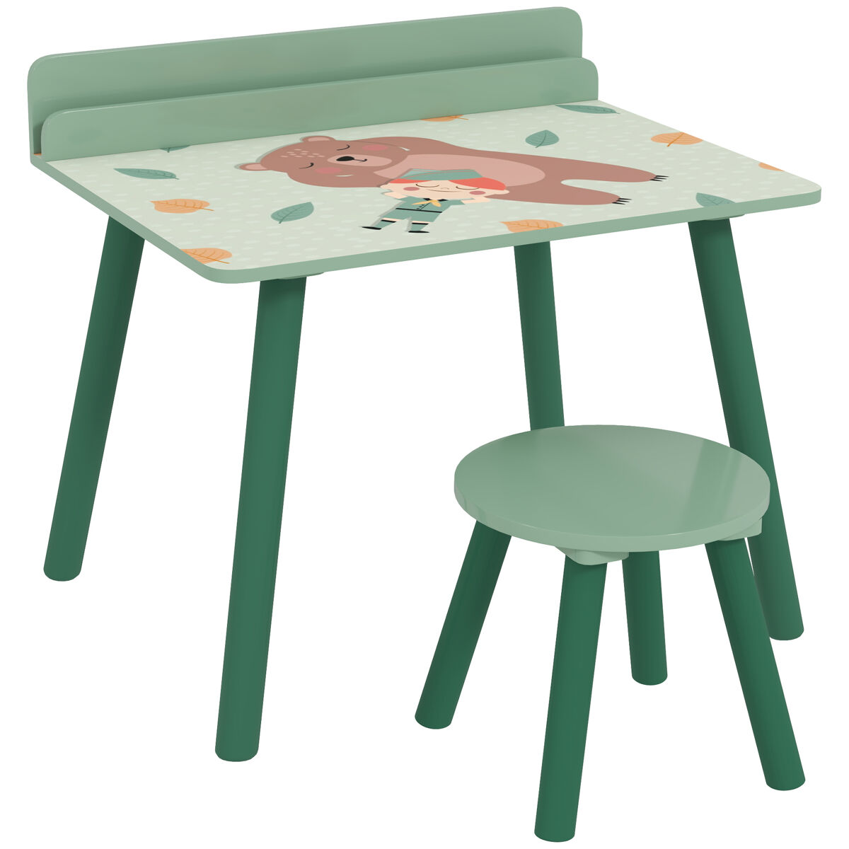 Aiyaplay mesa y silla infantiles de 2 piezas mesa infantil con silla y estante para libros escritorio para niños de +3 años para sala de juegos verde