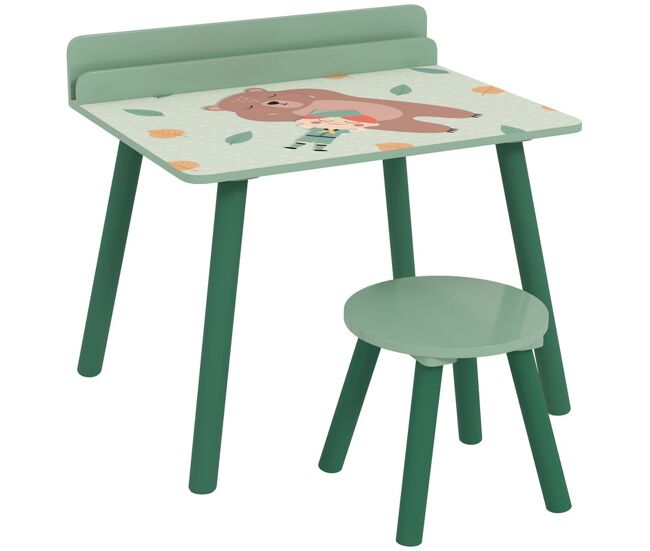 Aiyaplay mesa y silla infantiles de 2 piezas mesa infantil con silla y estante para libros escritorio para niños de +3 años para sala de juegos verde